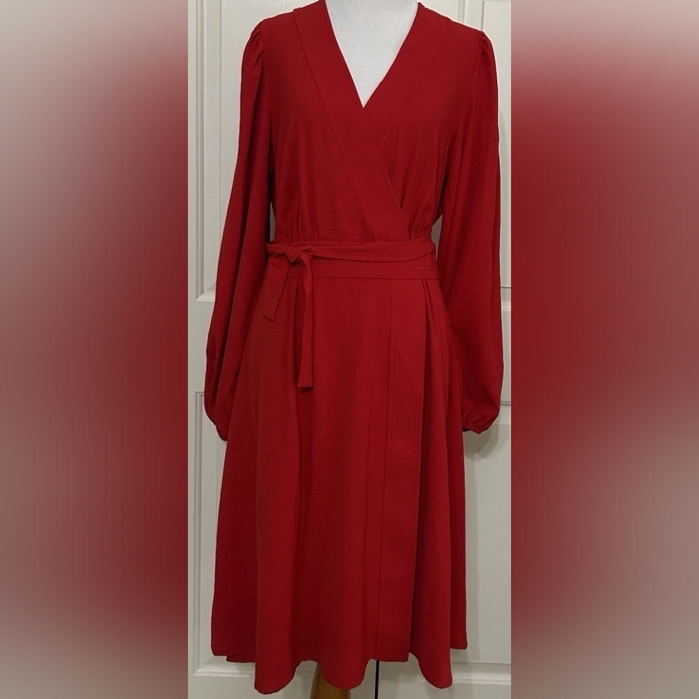 Tommy Hilfiger Vibrant Red Fit & Flare Wrap Dress EUC Size 2 Balloon Sleeve